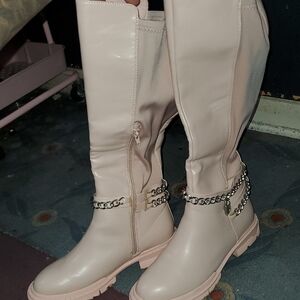 Women's Pink Knee-High Boots with Chain Detail